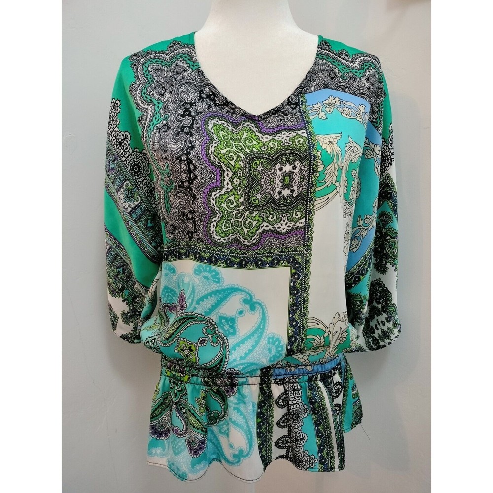 Chicos Top Womens 2 Large Kimono Multi Mixed Print Paisley Blouse‎ 3/4 Sleeve